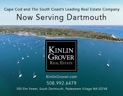 Aerial Photograph of dartmouth shoreline with text "cape cod and the south coast's leading real estate company now serving dartmouth"