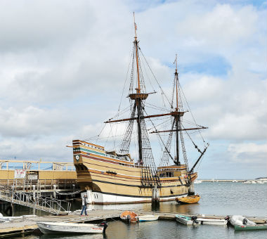 Photograph of the Mayflower ship at dock in Plymouth, MA.