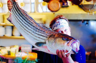 Photograph of a Chef holding up a large fish in a kitchen