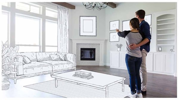 Photograph of a Couple looking at room edited so the room is being sketched how they would like
