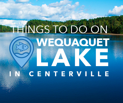 Graphic of wequaquet lake with text, "things to do on wequaquet lake in centerville"